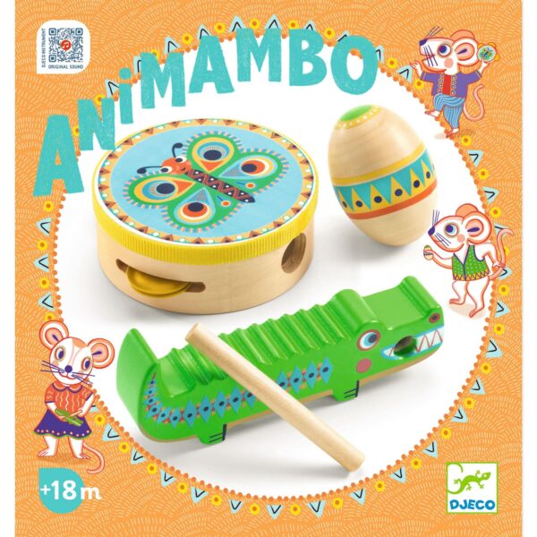 Närbild av "Animambo" musiksetets låda. Inkluderade instrument är en tamburin med fjärilsdesign, en vibrerande mönstrad äggmaracas och en grön krokodil-guiro med en träklubba. Lådan är ljusorange med detaljerade mönster och tecknade möss som spelar instrument, vilket indikerar att produkten är för barn från 18 månader och uppåt.