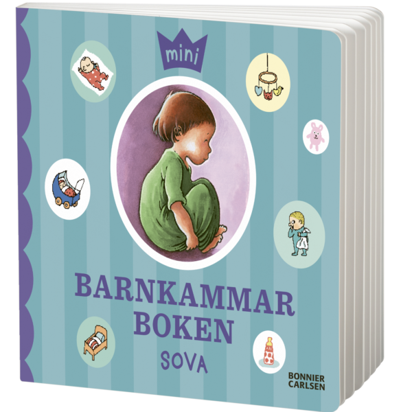 Omslagsbild av barnboken 'Barnkammarboken: Sova' i 3D-perspektiv, med en illustration av ett barn i gröna pyjamaser som sitter hopkrupet. Boken har en turkos bakgrund med små illustrationer av sovrelaterade objekt, såsom en spjälsäng, en mobil och en nappflaska. Utgiven av Bonnier Carlsen.