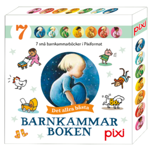 Framsidan av en box med sju små barnkammarböcker i Pixi-format från serien 'Barnkammarboken'. Boxen visar en illustration av ett litet barn som håller en blå måne mot en stjärnfylld bakgrund. Omslaget är dekorerat med små tecknade figurer, som en kyckling, en vagn och en hund. Titeln lyder 'Det allra bästa Barnkammarboken', med märkningen 'pixi' i hörnet.