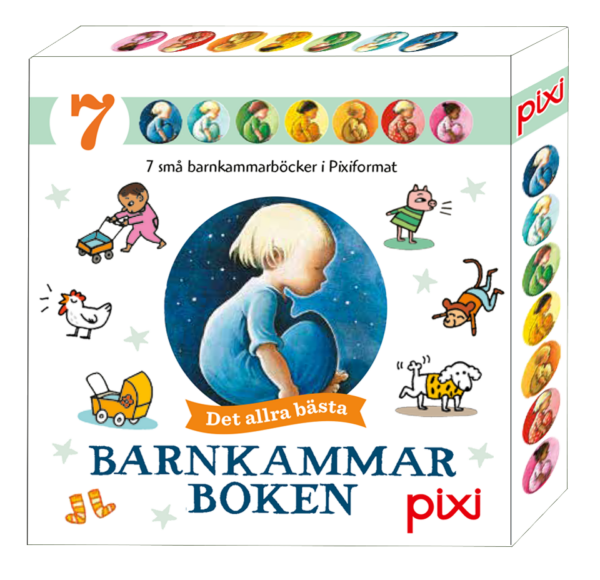 Framsidan av en box med sju små barnkammarböcker i Pixi-format från serien 'Barnkammarboken'. Boxen visar en illustration av ett litet barn som håller en blå måne mot en stjärnfylld bakgrund. Omslaget är dekorerat med små tecknade figurer, som en kyckling, en vagn och en hund. Titeln lyder 'Det allra bästa Barnkammarboken', med märkningen 'pixi' i hörnet.