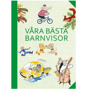 Omslaget till "Våra bästa barnvisor" visar flera lekfulla illustrationer av djur i mänskliga roller. En elefant cyklar, en älg går, och en ekorre klättrar i ett träd. Det finns också två hundar som dricker juice och en krokodil som kör bil. I det nedre högra hörnet spelar en råtta kontrabas, och en annan karaktär hoppar upp med armarna utsträckta. Bakgrunden är ljusgrön med en diagonal grön ram längs vänstra sidan.