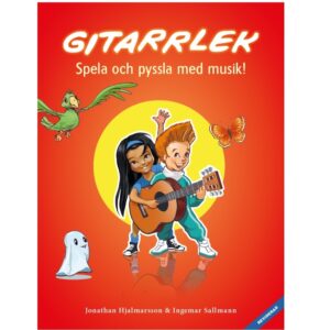 Framsidan av boken 'Gitarrlek – Spela och pyssla med musik!', med illustration av två barn som spelar gitarr. Omslaget är rött med en gul cirkel i bakgrunden och visar en papegoja, en fjäril och ett litet spöke.